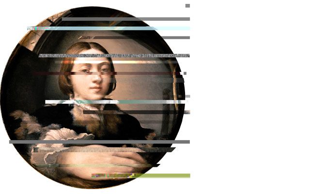 Glitched version of Self-Portrait in a Convex Mirror, Francesco Mazzola, (1523 - 1524). Original image downloaded from Wikimedia.