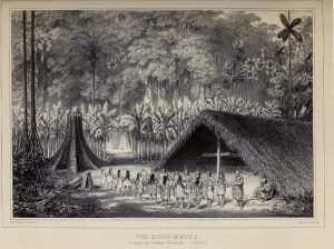 Decorative image of View of a hut, and a dance of the Yuracares Indians, Bolivia. (Yuracare (also called Yurujare, Yurucare) are South American indigenous people living on 2,500 square kilometres along the Chapare River watershed in Cochabamba Department and Beni Department, in the Bolivian Lowlands of the Amazon Basin) [Vue d'une hutte, et danse des Indiens Yuracares. (Bolivia.)] From the book 'Voyage dans l'Amerique Meridionale' [Journey to South America: (Brazil, the eastern republic of Uruguay, the Argentine Republic, Patagonia, the republic of Chile, the republic of Bolivia, the republic of Peru)