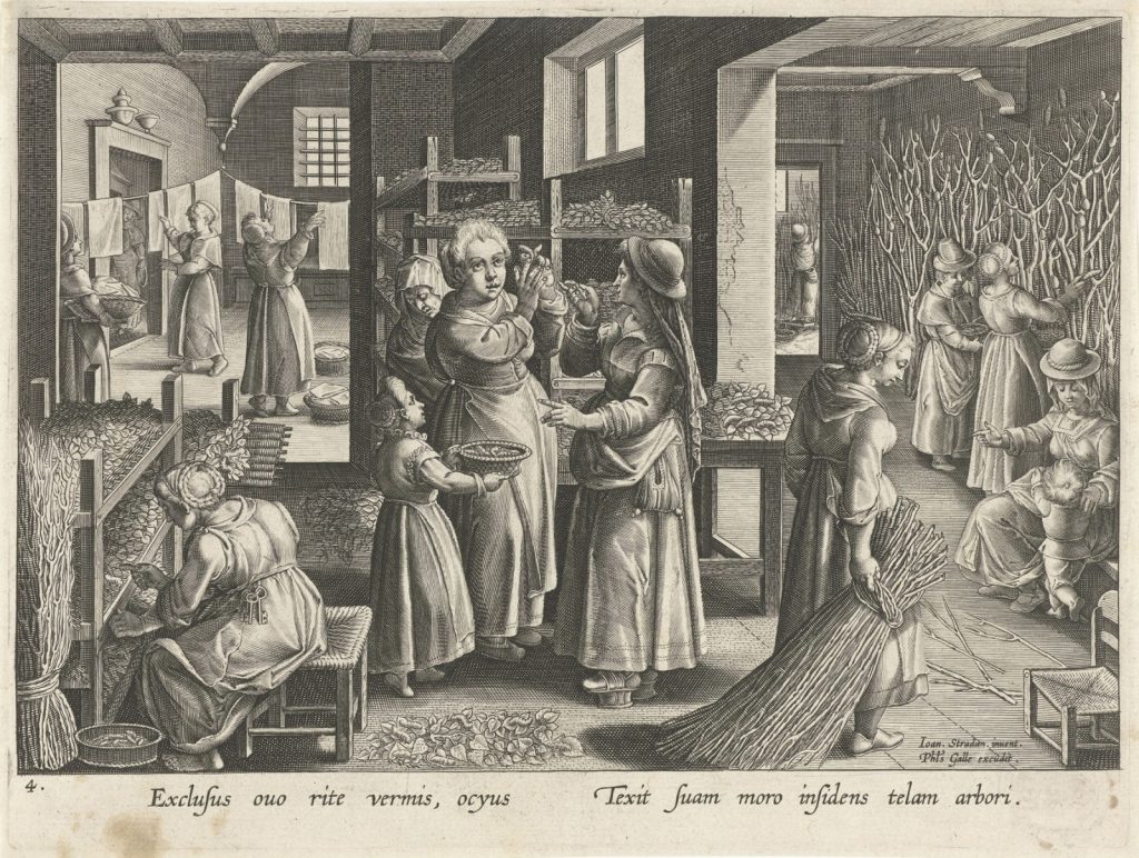 Karel van Mallery after Jan van der Straet, "The Introduction of the Silkworm," engraving, c. 1595