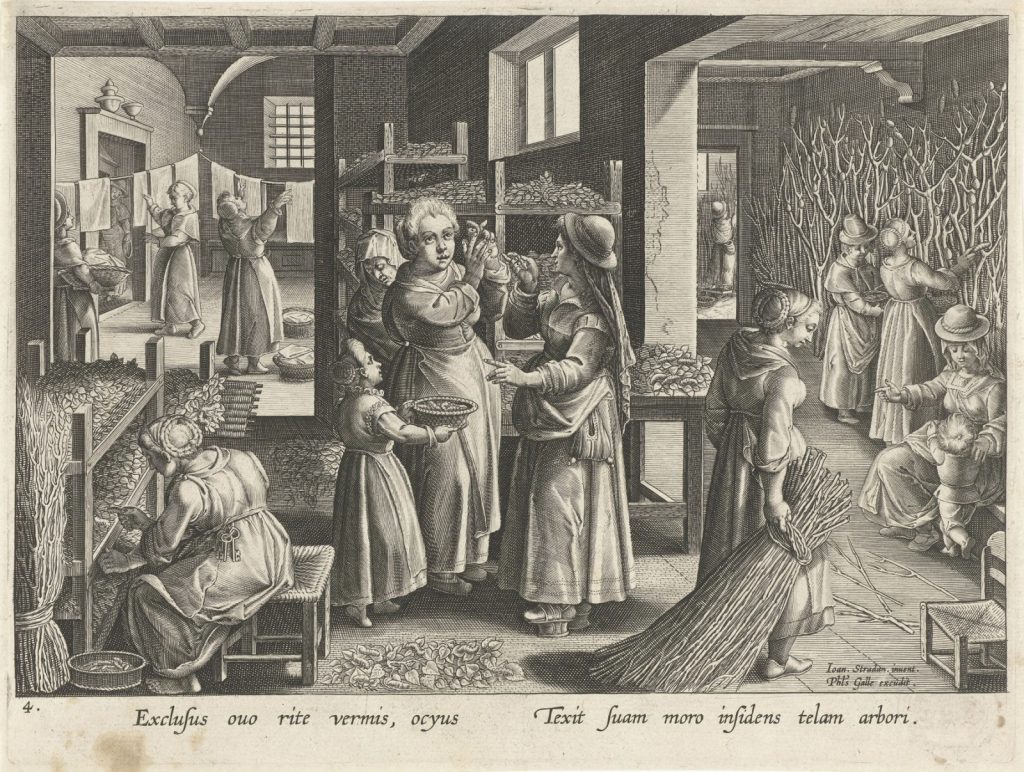 Karel van Mallery after Jan van der Straet, "The Introduction of the Silkworm," engraving, c. 1595