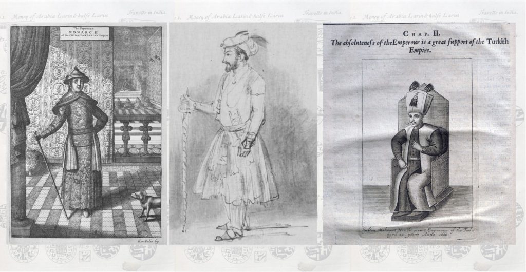 Composite image from Atlas Chinensis, History of the Turkish Empire, Collections of Travels, and Rembrandt's Two Mughal noblemen